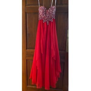 Jovani JVN1560 strapless beaded red gown
